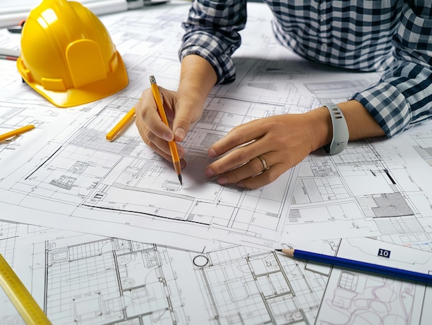 Architectural engineer working on planning drawings Construction and Interior design and decoration