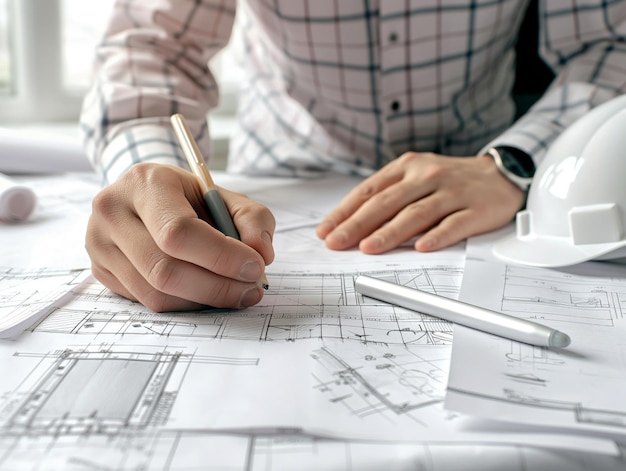 Architectural engineer working on planning drawings Construction and Interior design and decoration