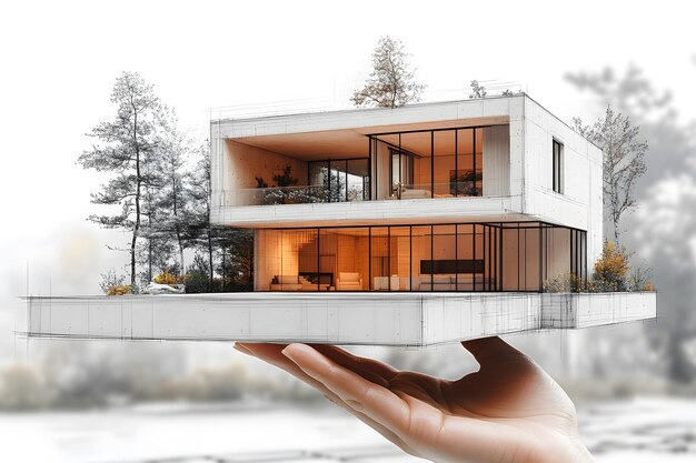 Photo architectural house sketch in hand symbolizing real estate development and home ownership