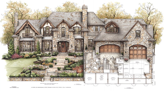 Photo architectural illustration of a stone house with a detailed floor plan