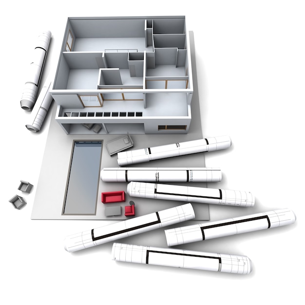 Architectural model of a house with rolled-up blueprints