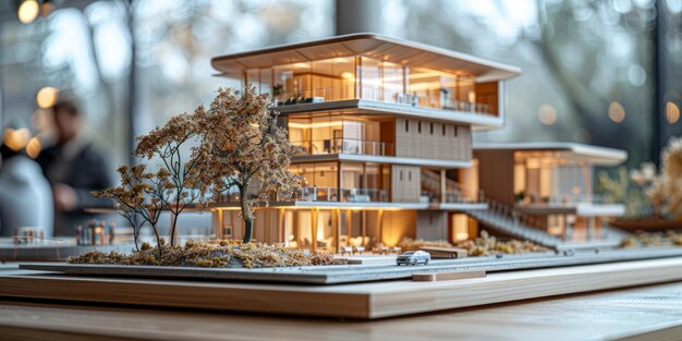 Photo architectural model of a modern building with detailed landscaping and miniature car on display