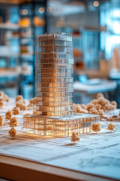 Photo architectural model of modern highrise building with illuminated interior on urban planning table