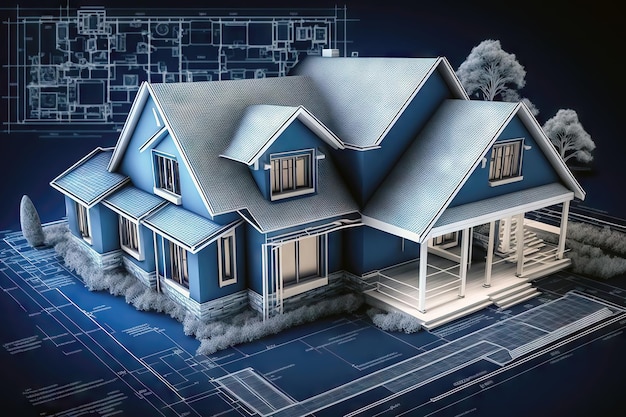 Architectural Model of a Stylish Home on Blueprint Drawings Generative AI