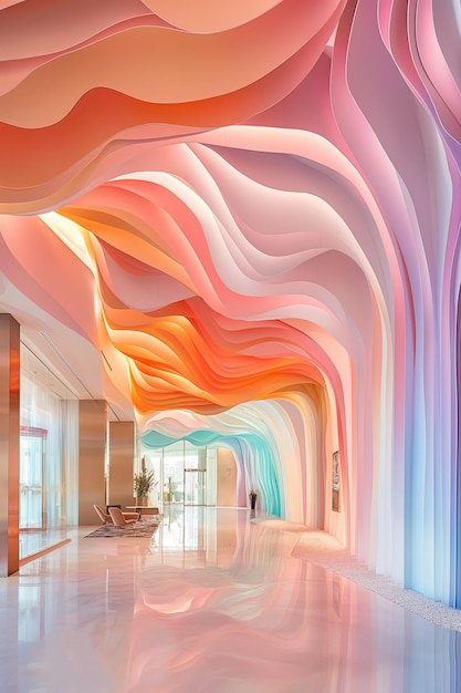 architectural origami waved ceiling of a huge pastel hotel lobby cave like roundings modern interior ar 23 Job ID 35af3b14a7a346b18feecc442d578111