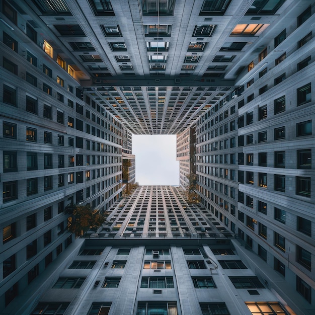 Architectural Perspective of HighRise Building Courtyard at Dusk With Illuminated Windows