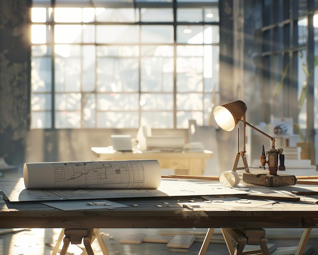 Photo architectural photography desk at construction site with mining light in office building concept