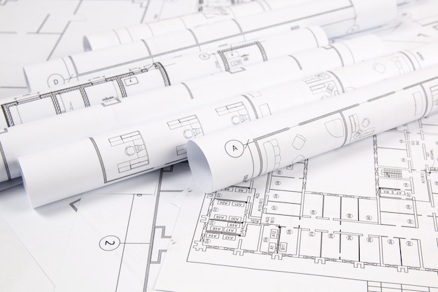 Architectural plan. Engineering house drawings, pancil and blueprints.