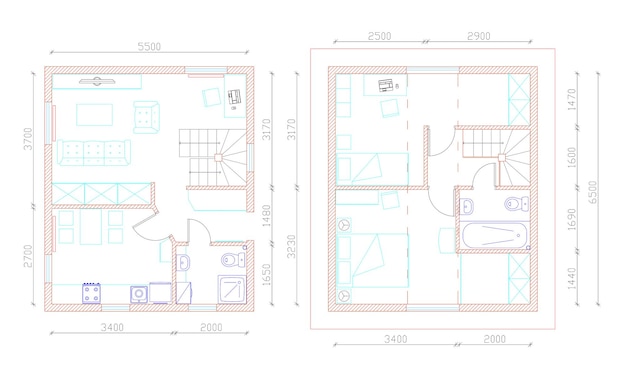 Architectural plan of small house in two floors with dimensions on drawing on white