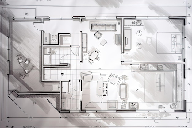 Architectural plan on white paper Technical project of living room Drawing for construction Created with Generative AI