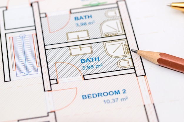 Architectural plan with  pencil