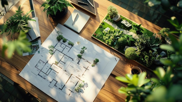 Photo architectural plans with landscape design on the desk top view