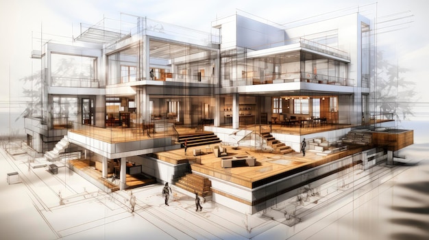 Architectural project background Floor plan with construction sketch drawing of modern building design highly detailed