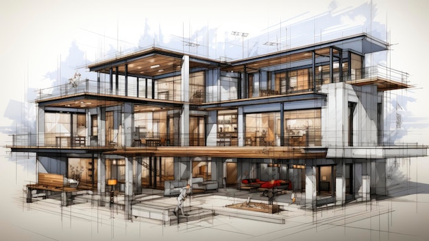 Architectural project background Floor plan with construction sketch drawing of modern building design highly detailed