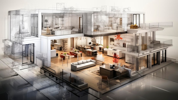 Architectural project background Floor plan with construction sketch drawing of modern building design highly detailed