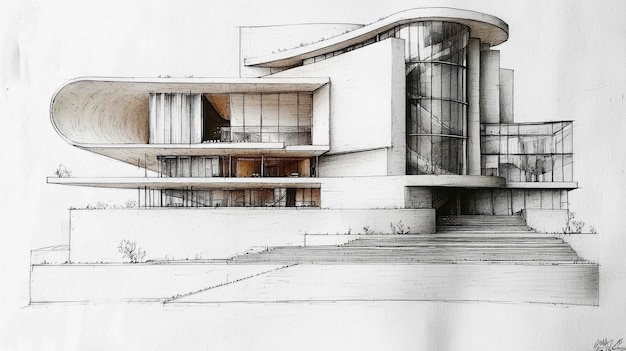 Architectural Sketch of Modern Building with Curved Facade