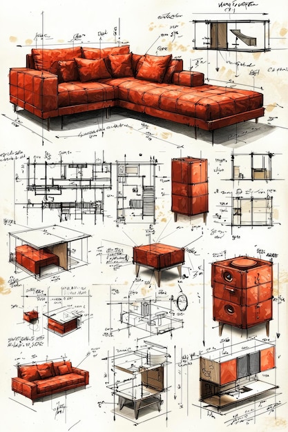 Photo architectural sketch of modern furniture designs