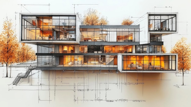 Architectural Sketch of Modern House with Large Windows and Autumn Trees