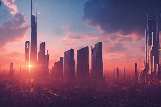 Architectural style of a big city. big futuristic city with skyscrapers at sunset.