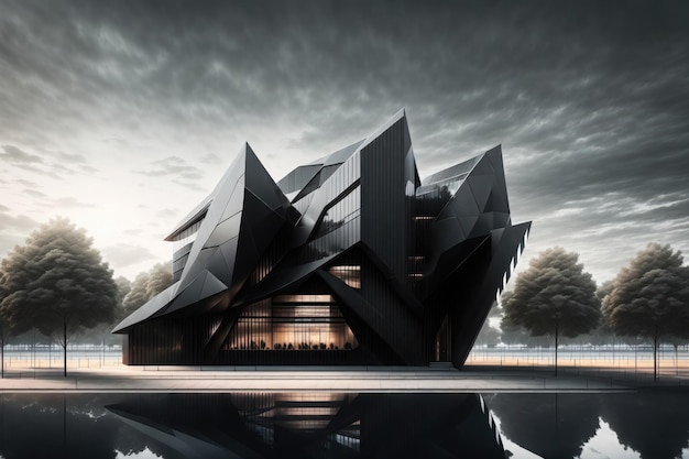 architectural visualization of a futuristic building with black faade