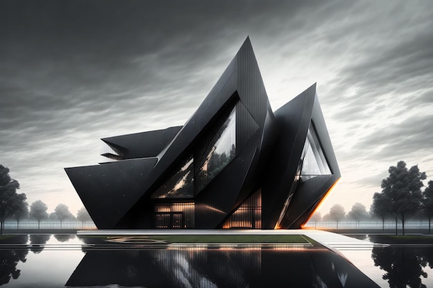 architectural visualization of a futuristic building with black faade