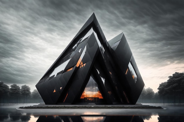 architectural visualization of a futuristic building with black faade