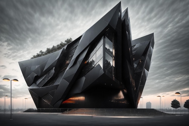 architectural visualization of a futuristic building with black faade