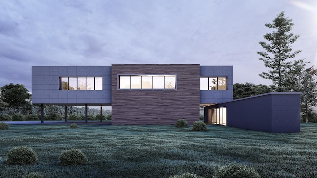 Architecture 3d rendering illustration of modern minimal house with natural landscape