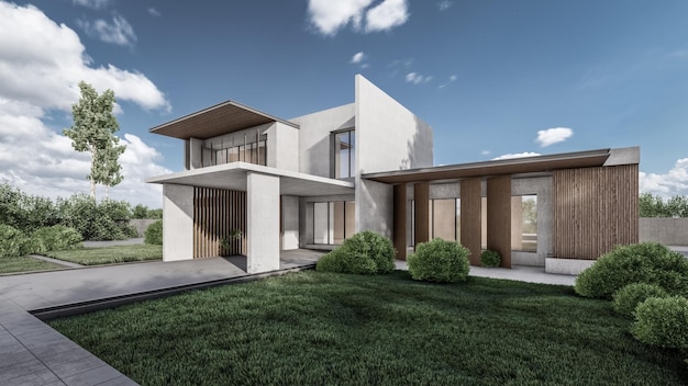 Architecture 3d rendering illustration of modern minimal house with natural landscape