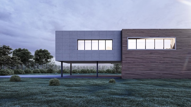 Architecture 3d rendering illustration of modern minimal house with natural landscape