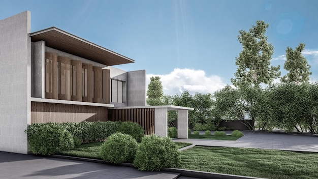 Architecture 3d rendering illustration of modern minimal house with natural landscape