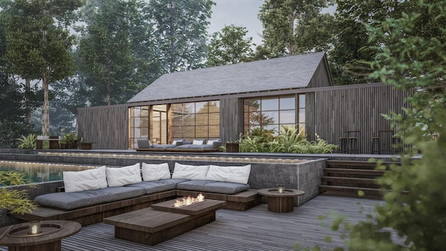 Architecture 3d rendering of wooden house with a pool and a deck with a fire pit and a large couch