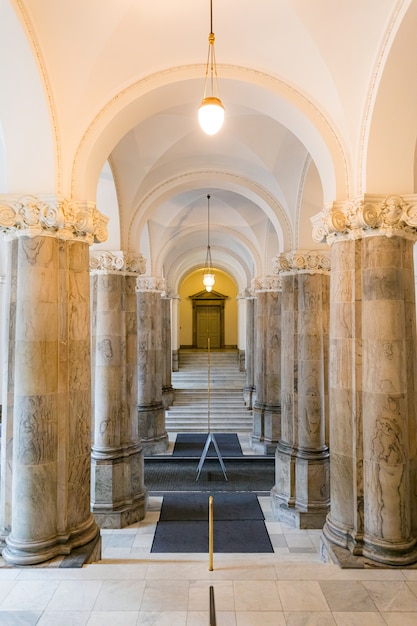 Architecture of corridor hall of Parliament building in Copenhagen Denmark.