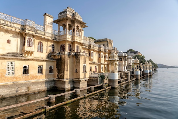 Architecture decorated facade near water lake in Udaipur Rajasthan India