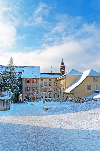 Architecture of the medieval town of Gruyeres in Switzerland. The town is an important tourist location in the upper valley of the Saane river and gives its name to the well-known Gruyere cheese