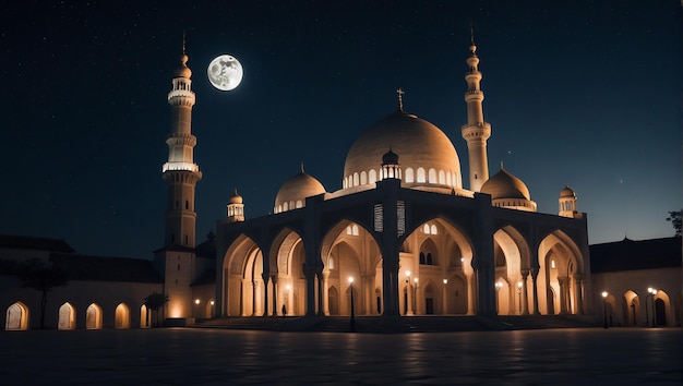 architecture of mosque building on moonlit night