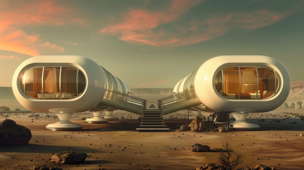 Photo architecture in a scifi scene on a desert planet with a retro futuristic feel