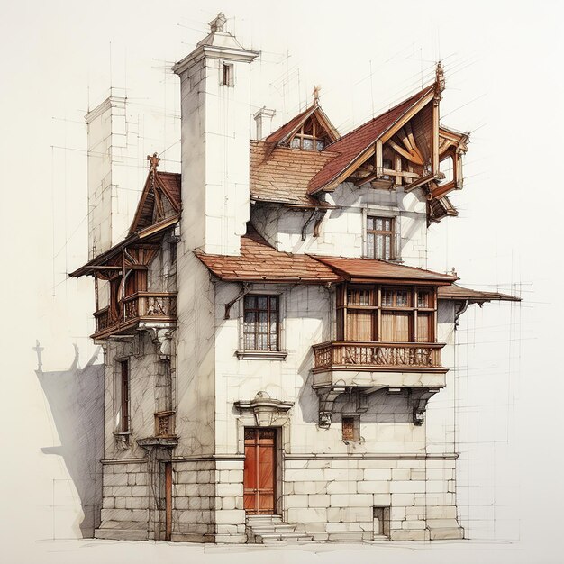 Architecture sketch of two story house with roof and chimney in the style