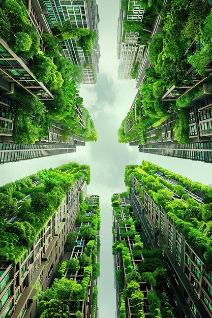 Photo architecture sustainability and environment with buildings in city for carbon footprint eco friendly