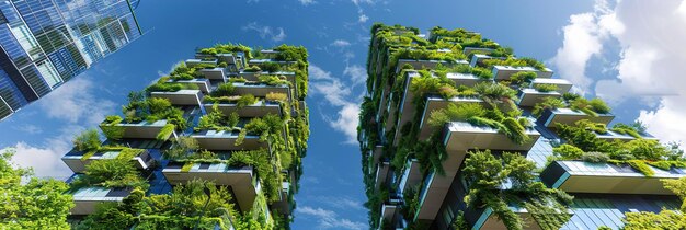 Architecture sustainability and environment with buildings in city for carbon footprint eco friendly