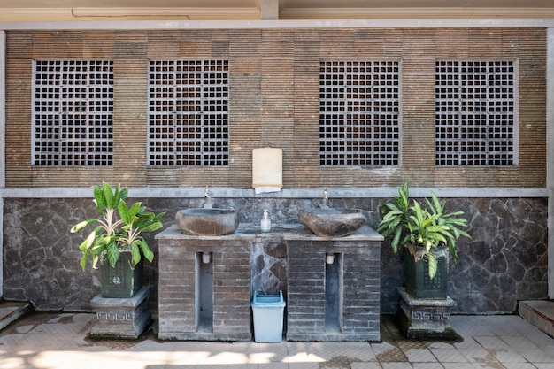 Architecture tile brick and wash basin with plant decoration on toilet