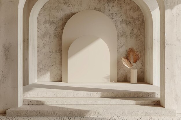 Archway Display With Beige Podium and Palm Leaves