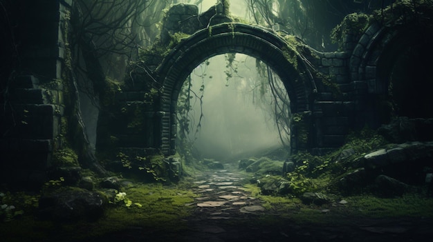 Archway in an enchanted fairy forest landscape misty