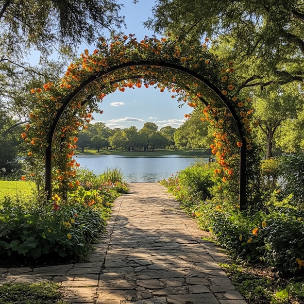 Photo a archway with flowers and an arch that says  welcome to the lake