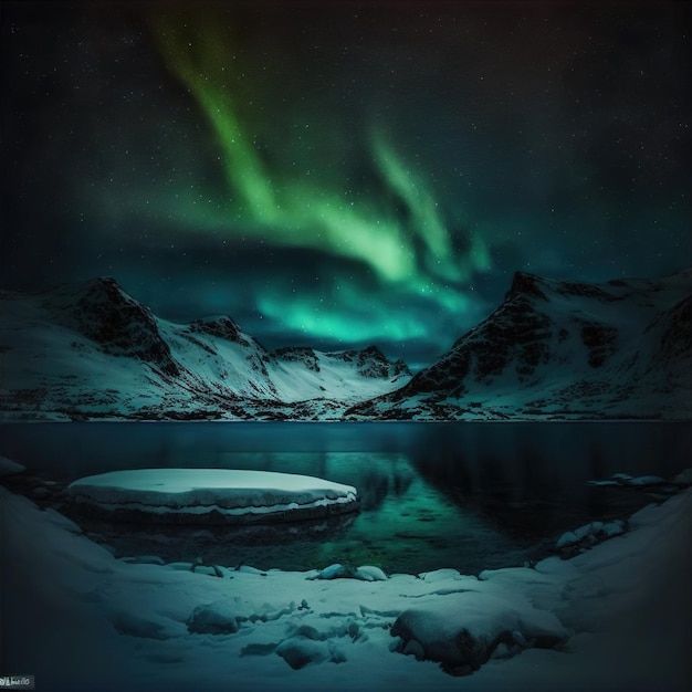 Arctic aurora over night lake in starry sky image