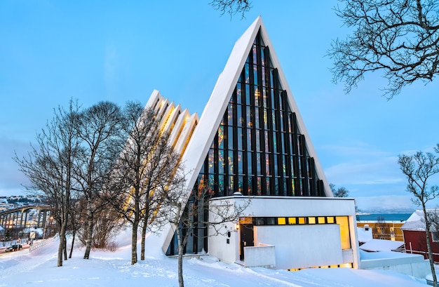 Arctic cathedral in tromso polar norway on a winter evening