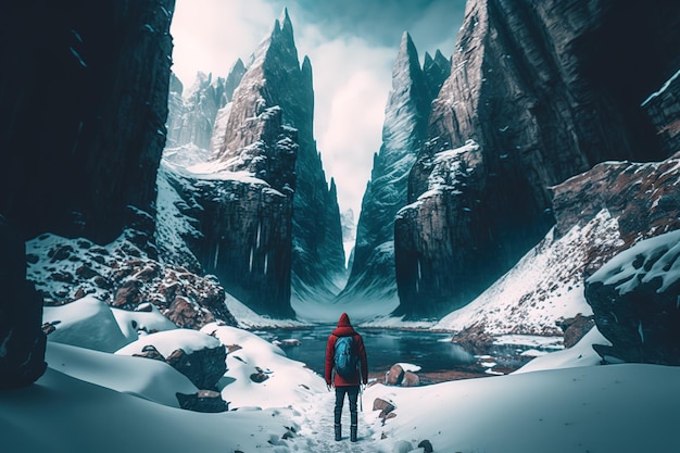 An arctic explorer walks along a beautiful glacial stream in a snowy landscape