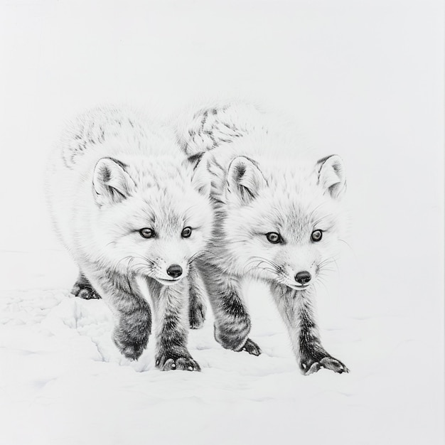 Photo arctic fox pups isolated pencil drawing on white paper artwork