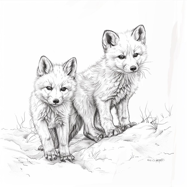 Arctic fox pups isolated pencil drawing on white paper artwork