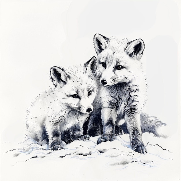 Arctic fox pups isolated pencil drawing on white paper artwork